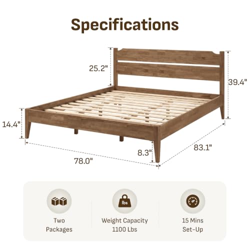 Image of Softa Venso King Solid Wood Bed Frame with Headboard, 1100 Lbs Heavy Duty Rubberwood Platform Bed, 15-Min Tool-Free Assembly, Quiet Stable Support, Japanese Japandi Design, No Box Spring Needed