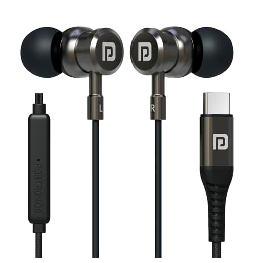 Portronics Conch Tune C in Ear Type C Wired Earphones with Mic,10mm Driver, 1.2m Nylon Braided Anti Tangle Wire, in line Controls, Metal Alloy Body, Wide Compatibility(Grey)