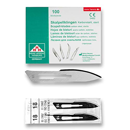 Hojas bisturi nº 18 - cuchillas escalpelo - bisturi quirurgico - recambio cuchillas - envase de abastecimiento con 100 cuchillas de repuesto
