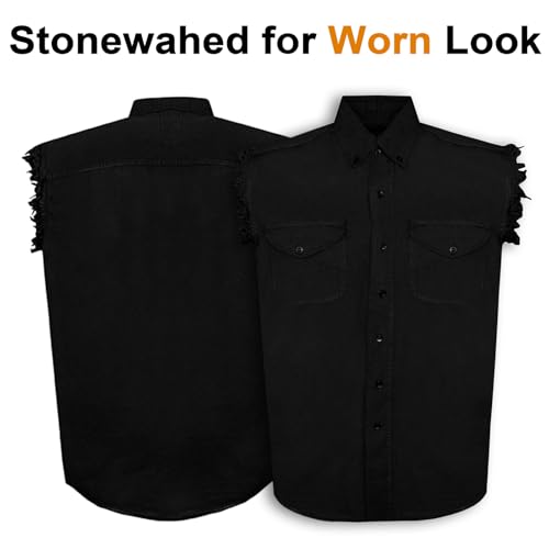 Dream Apparel Mens Cut Off Button-Down Cotton Denim Shirt Lightweight Stonewashed Frayed Sleeveless Shirt w/ 2 Chest Pockets4
