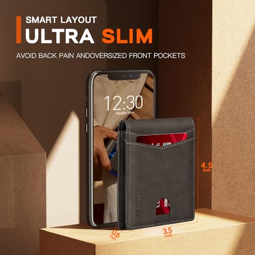 Image of RUNBOX Wallet for Men Slim Leather Bifold RFID Blocking Minimalist Front Pocket Design with Gift Box | Minimalist Front Pocket Design, Holds 8 Cards, RFID Protection, Gifts for Men on Birthdays, Father's Day, and Christmas