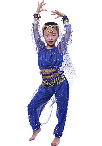 Astage Little Girl`S Belly Dance Costumes,Long Sleeve Highlights Top,Pants Royal Blue S (3Y-5Y)