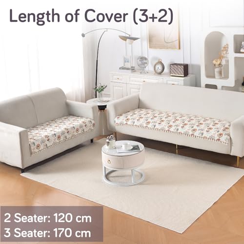 Image of HOKIPO Wildflower Breeze Quilted Sofa Cover 5 Seater Set with Tassels - Washable 3+2 Sofa Cover Mat |'Tassel Twigs' Series (IN-985-T7 + IN-983-T7)