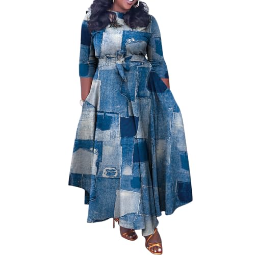 Image of Hostoyo Women Plus Size Formal A Line Maxi Dress Self Tie Waist with Pockets Elegant Round Neck Swing Long Dresses
