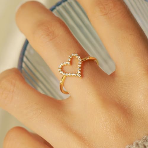925 Sterling Silver Heart CZ Promise Ring for Women 14K Gold Plated Hollow Shiny Elegant Rings to Daughter Mother Dainty Stackable Ring 2025 Wedding Christmas Jewelry Gifts for Her Size 5-124