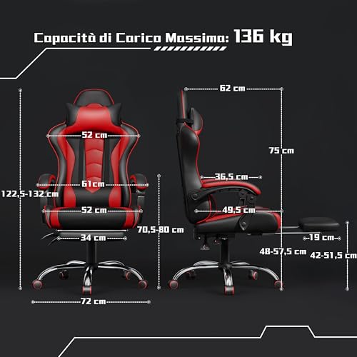 Sedia Gaming Ergonomica Massaggiante Reclinabile con Poggiapiedi Poggiatesta e Supporto Lombare Braccioli Imbottiti in Finta Pelle, Poltrona Gamer da Scrivania con Ruote Girevole Rosso - Sedia gaming - Immagine 2