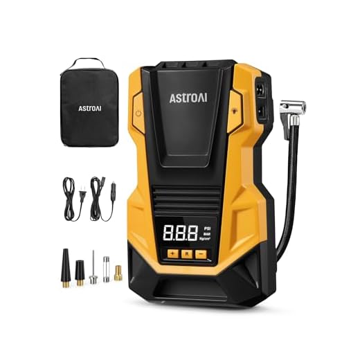 AstroAI 110V AC/12V DC Tire Inflator Portable Air Compressor, Dual Power Electric Air Pump with 150PSI Max Pressure & LED Light, Fast Inflation for Cars, Bikes, Motorcycles, and Inflatables, Yellow