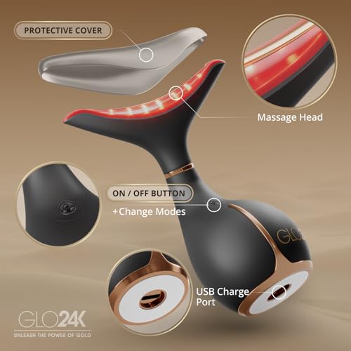 GLO24K Red Light Face & Neck Beauty Device – 3-in-1 Facial Massager Tool with LED & Vibration for Skin Revitalization and Neck Firming