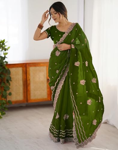 Image of SIRIL Women's Chiffon Scalloped Border Sequins Embroidery Saree with Unstitched Blouse Piece