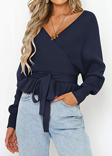 Image of ZESICA Women's Fall 2026 Wrap V Neck Long Batwing Sleeve Belted Waist Ruffle Knitted Sweater Pullover Top