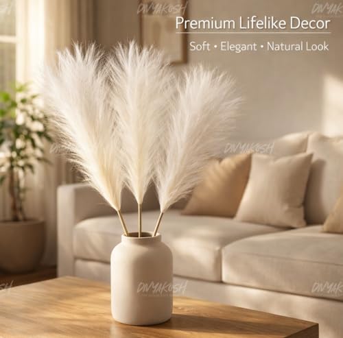 Image of Divyakosh Artificial Pampas Grass 3 Pcs (White) Faux Dried Flowers Small Flower Stems for Home Decor, Living Room, Bedroom, Table Vase Decoration Office Boho Decor (41 cm, No Vase)