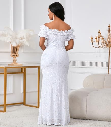 Image of dasmzper Women Sexy Sequin Off Shoulder Ruffle Short Sleeve Bodycon Mermaid Party Formal Evening Maxi Dress