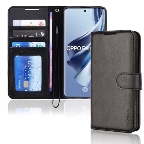TECHGEAR Leather Wallet Case for Oppo Reno 10 5G, Flip Protective Case Cover with Wallet Card Holder, Stand & Wrist Strap - Black PU Leather with Magnetic Closure for Oppo Reno10 5G