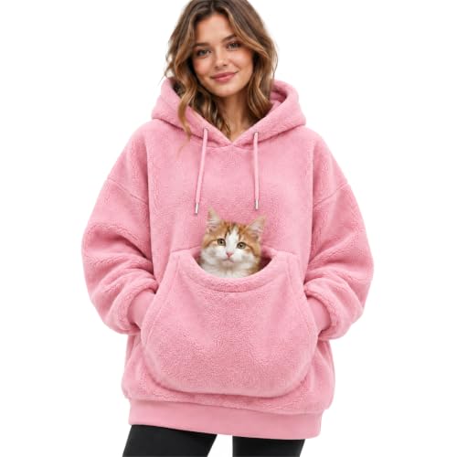 Hoodie with Pet Pouch Flannel Oversized Pullover Tops with Kangaroo Pocket | Warm, Fluffy, Unisex, Comfortable, Soft, Casual Fall Hoodies, Daily, Weekend, Going Out, School, Versatile, Preppy, Trendy