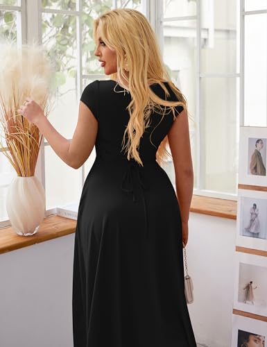 YMDUCH Women's Casual Short Sleeve Square Neck Solid Slim Flowy Maxi Dress with Pockets2