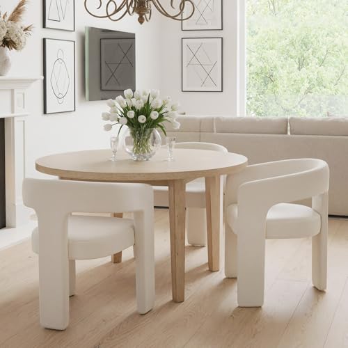 Image of HNY Modern Barrel Kitchen & Dining Room Chairs Set of 3, Velvet Upholstered Accent Chairs with Arm, 18.5'' Wide Side Armchair Vanity Chair for Living Room Bedroom Makeup Small Spaces, Ivory