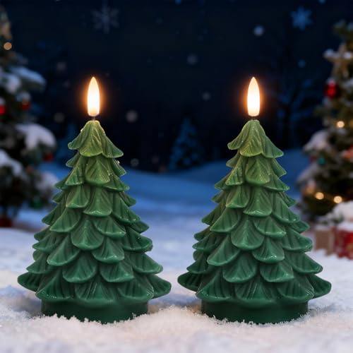 Lasumora Christmas Tree Shaped LED Candles with 6H Timer, 2 Pcs Flameless Pillar Candles Flickering, Battery Operated LED Candle with 3D Flame Wick, Green Candles for Home Décor Christmas Gifts