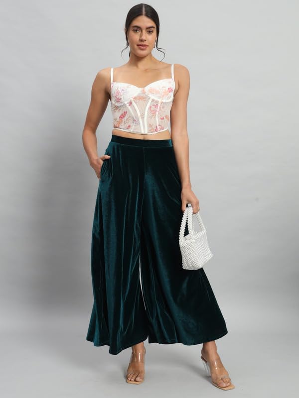 Image of Vaararo Party Trousers for Women | Shiny Velvet Fabric Wide Bottoms Stylish Palazzo Pants