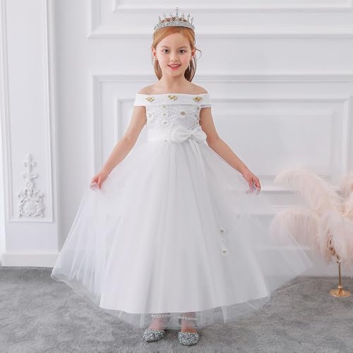 Flower Girls Dress Puffy Tutu Floral Dress Off-Shoulder Princess Dress Wedding Birthday Party First Communion Gown with Bow4