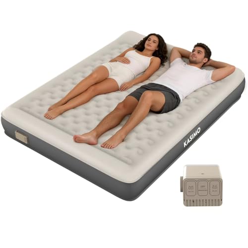 KASIMO Colchón de aire Queen con bomba extraíble integrada alimentada por pilas, colchón inflable de TPU con almohada, fuerte apoyo toda la noche, sin pérdida de aire, cama de aire inflable compacta
