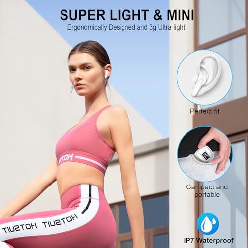 Image of Wireless Earbuds, Bluetooth 5.4 Headphones, 48H, Stereo Ear Buds, LED Display Earphones with Mic, IP7 Waterproof In EarBud, Comfort Fit, Bluetooth Earbuds for Phone Android iOS, Sport, Walk, White