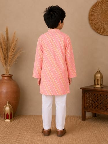 Image of superminis Cotton Boys Sanganeri Lehariya Printed Kurta Set with White Pyjama Elastic Closure