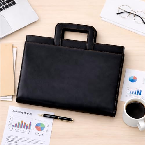 Kuber Industries Leather Document File Folder with Handle| A4 Certificate Holder/Tablet Pocket/2 Ring Binder with Multiple Card Slots | Black