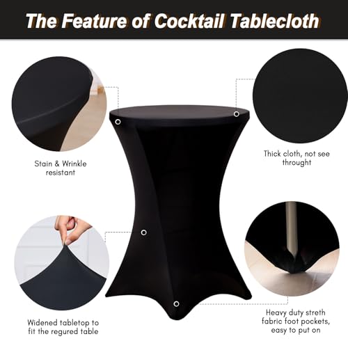 Image of Fixwal 8 Pack Spandex Cocktail Table Covers, 32x43 Inch Black Fitted Stretch Highboy Round Cover Table Cloth for Party, Bar, Pub, Wedding, Banquet