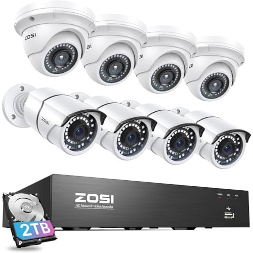 ZOSI 4K 8CH PoE Security Camera System, 8 Ports 16CH 8MP NVR Recorder with 2TB HDD, 8pcs Weatherproof 5MP Outdoor Indoor Home Surveillance IP Cameras, Night Vision, Motion Alert, for 24/7 Re