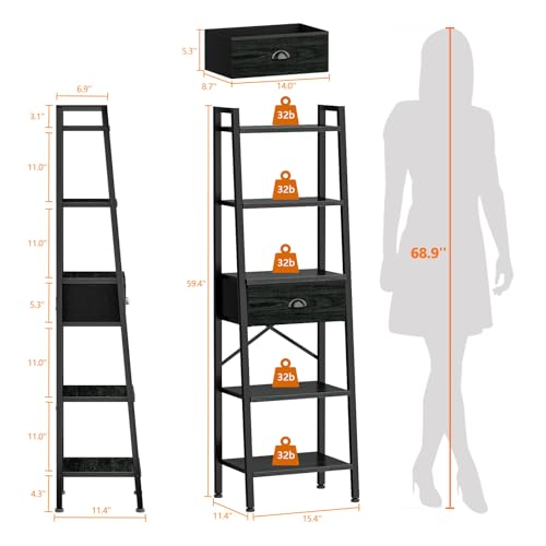 Image of Furologee 5 Tier Bookshelf, Ladder Shelf with Drawer, Tall and Narrow Bookcase, Storage Shelves Organizer,Industrial Display Standing Units for Bathroom,Kitchen,Bedroom,Living Room,Black Oak