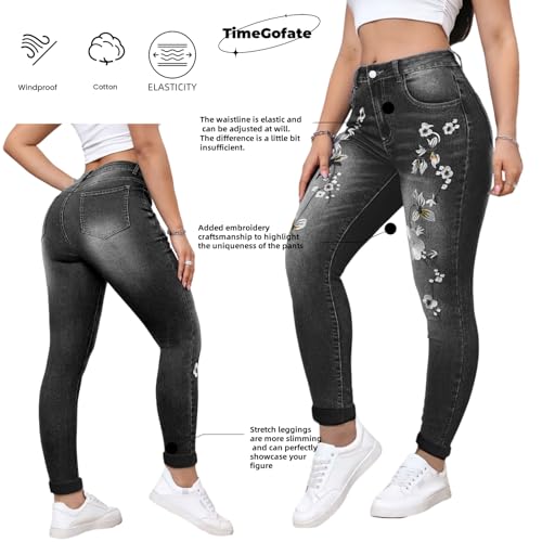 Women's Stretch Embroidery Washed Jeans Slim Fit Floral Skinny Small Foot Jeans Pocket Floral Skinny Jeans2