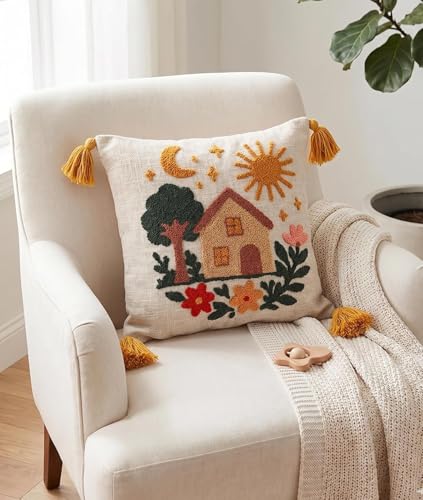 Image of Embroidered Kids Cushion Cover 16 x 16 Inches or 40x40 cms Cotton Fabric Scenery Cushion Covers for Sofa Set /Diwan Beds, Sofa Throw Pillow Covers Only, Set of 1 Pc
