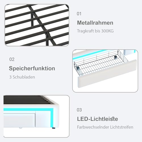 Dolamaní Polsterbett Bettgestell 140x200 cm ohne Kopfteil, PU-Leder Bett Mit LED und Schubladen, Metall Lattenrost Moderne Schlafzimmer Doppelbett (Beige)
