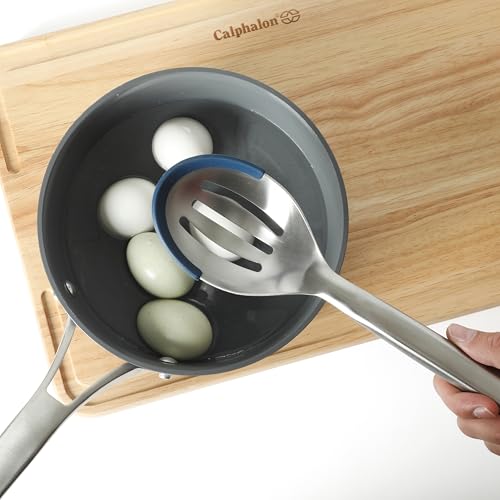 Image of Calphalon Prime Slotted Spoon Skimmer, Stainless Steel Straining Spoon with Navy Silicone Rim, Heat-Resistant Nonstick-Safe Kitchen Spoon for Draining, Cooking & Serving