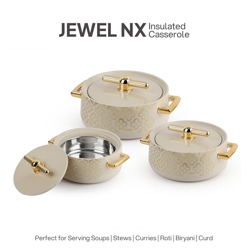 Image of CELLO Jewel NX Insulated Casserole Set of 3 Pcs (500ml, 1000ml, 1500ml) Beige | Double Wall Insulated Hot Pot Case Keeps Food Hot & Warm for Long Hours, Casserole Hot Pot Set for Roti, Chapati, Rice