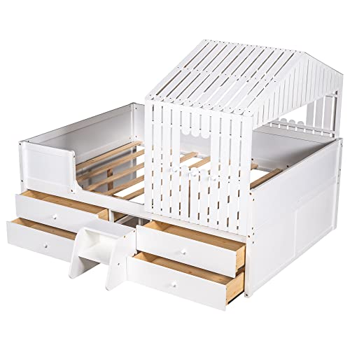 Harper & Bright Designs Full House Bed For Kids, Full Size Bed With 4 Storage Drawers, Fences And Roof, Solid Wooden Low Loft Bed Full Platform Bed Frame For Kids Teens Girls & Boys (Full, White) #TOP4