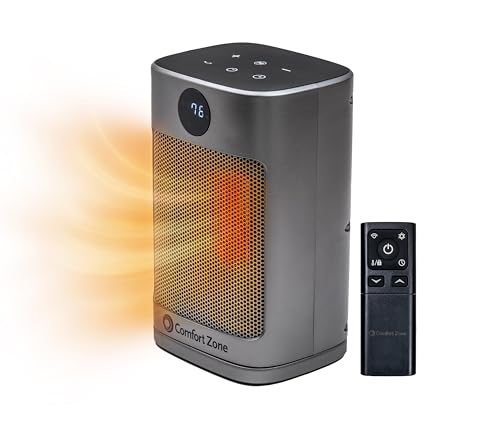 Comfort Zone Space Heaters for Indoor Use, Portable Electric Heaters, Thermostat, 12H Timer, Remote, Oscillating, Quiet Room Heater for Bedroom, Safe & Quiet Operation, Heater for Office, Silver