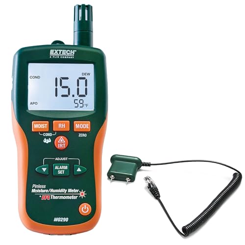 Image of Extech MO290 Pinless Moisture Psychrometer with IR Thermometer | 8-in-1: pin /pinless moisture, humidity, dew point, vapor pressure, IR 8:1 ratio, alarms, remote pin probe