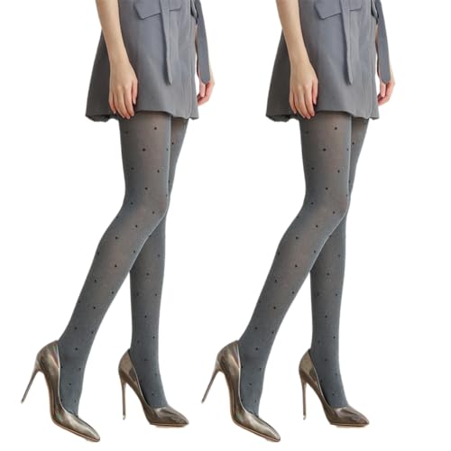 2 Pairs Premium Gray Opaque Polka Dot Patterned Tights for Women with Desgins Control Top Pantyhose Stockings
