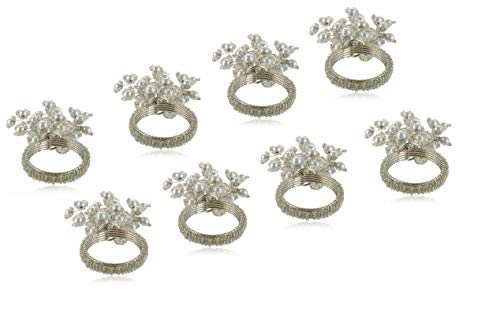 Image of Seed Bead Handmade Dinning Table Napkin Ring Holder Set for Tables Decoration Weddings Dinners Parties Everyday Use (Silver) - Pack of 8