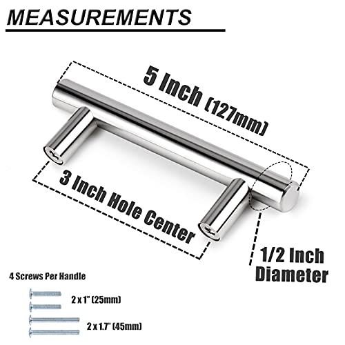 Probrico 5 Pack | 3" Cabinet Pulls Polished Chrome, Euro T Bar Kitchen Cabinet Hardware Stainless Steel Dresser Pulls Chrome Handles For Cabinet Dresser, 3" Hole Centers, 5" Total Length #TOP4