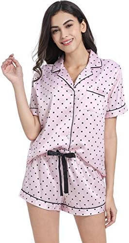 Women's Satin Pajama Set 2-Piece Sleepwear Loungewear Button Down Short Sleeve PJ Set