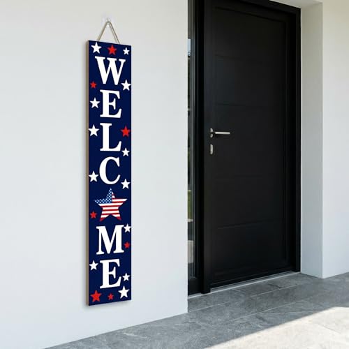 Image of Vertical Patriotic Welcome Porch Sign,4th of July Wooden Decoration for Front Porch,250th Anniversary Memorial Day Wooden Porch Sign for Outdoor Patio.