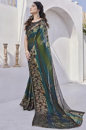 Image of MIRCHI FASHION Saree for Woman Chiffon Foil Work Floral Printed | Ethnic Sari for Function and Farewell with Unstitched Blouse Piece (Available in 15 Colors)