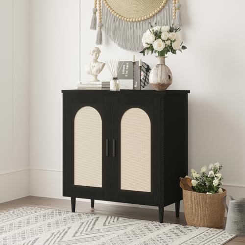 GarveeHome Sideboard Buffet Kitchen Storage Cabinet with Rattan, Solid Wood Feet for Living Room, Hallway, Entryway, Cabinet with Ample Storage Space (Black, 2 pcs)