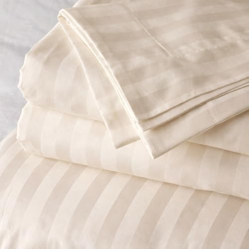 SEM B GRA - Queen Size Bedsheets for Single Bed 600 TC - Cotton Elastic Fitted Sheet (66 x 72 Inches)_with 10 Inch Drop- Color_Beige Stripe [ Fitted Sheet with 2 Pillow Cover]