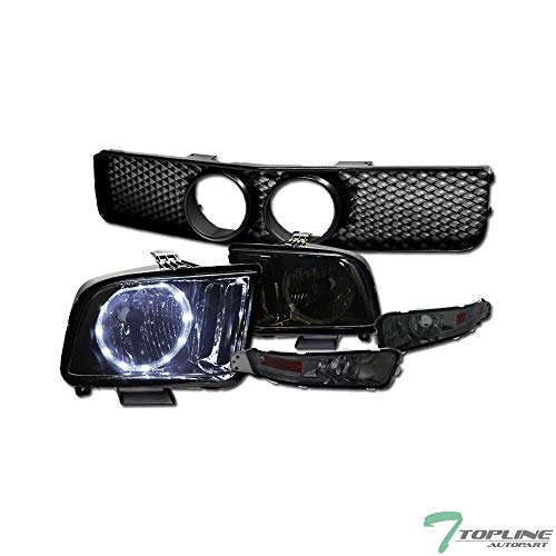 TLAPS Factory Crystal Style Chrome Smoke LED Halo Headlights NB + Signal Bumper Light Amber + Matte Black Mesh Front Hood Grill Grille Conversion For 05-09 Ford Mustang GT