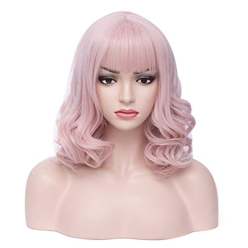 BERON Light Pink Wig Short Curly Wig Pink Wig with Bangs Pink Wig for Women Pink Wig Bob Wig Daily Wear Heat Resistant Synthetic Wig (Light Pink)