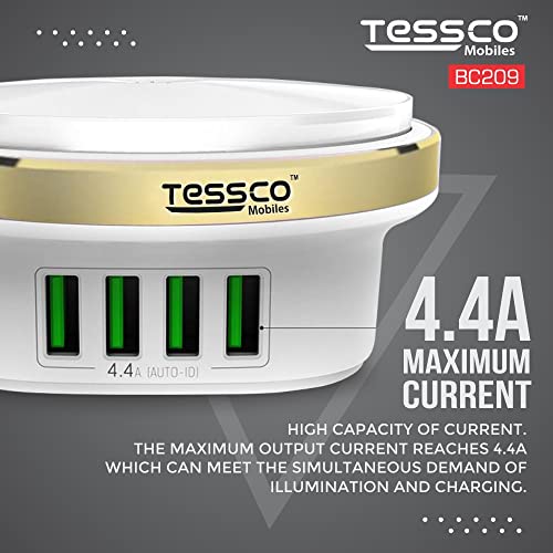 Image of (Tessco BC-209) 4 Port Multi USB Wall Charger Hub (22 W / 4.4A) with Auto-ID & Night Light - Compatible with Smartphones, Tablets, Camera, Accessories - White