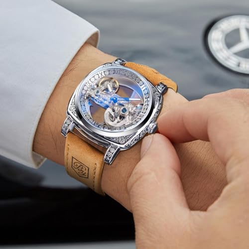 FORSINING Men's Luxury Square Carving Mechanical Watch, Retro Totem Double Sided Hollow Skeleton Self-Wind Automatic Watches, Vintage Leather Strap Wristwatch Reloj para Hombre